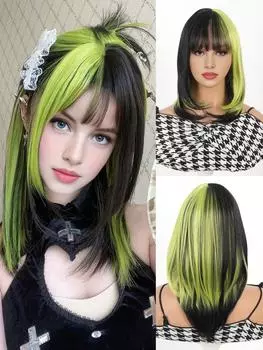 Парики 18 дюймов черный парик короткий прямой парик черный и зеленый парик омбре цветные парики для девочек повседневные парики для косплея для вечеринок для женщин 18inch