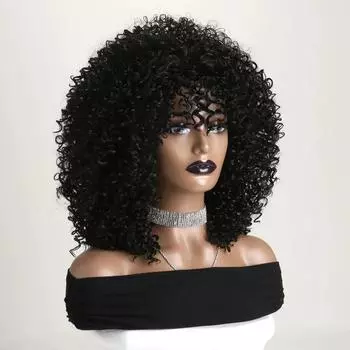 Парики из натуральных 16-дюймовых афро-кудрявых вьющихся волос с челкой, мягкие, пушистые, синтетические, без кружева, для вечеринок, косплея, ежедневного использования