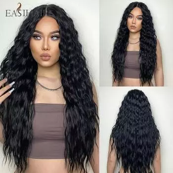 Парики из волокна кружева спереди, супер длинные черные синтетические парики, вьющиеся волнистые волосы, парики для женщин, повседневное использование для косплея, вечеринки