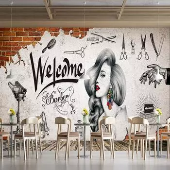 Парикмахерская 3D настенные фрески Обои для парикмахерской Винтажные современные обои для парикмахерской Подходящие для парикмахерской Салон красоты Обои 200 cm(W) x 140 cm(H)