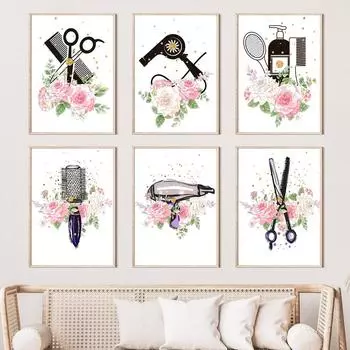 Парикмахерская Подарок для парикмахера Расческа Ножницы Фен Настенная картина с принтом на холсте Картина на скандинавскую тему Плакат Красота Декор для офиса A4 21X30cm No Framed