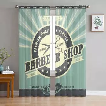 Парикмахерская ретро дизайн плаката шаблон тюлевые прозрачные шторы для гостиной спальни кухонные украшения вуаль шторы из органзы 135W x 114H(cm)