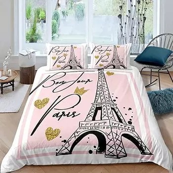 Paris Duvet Cover Set Polyester Paris Theme White Pink Stripe World-Famous Architecture Creativity Double Queen King Quilt Cover EU single(135x200cm)