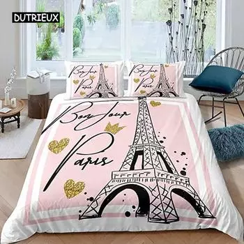 Paris Duvet Cover Set Polyester Paris Theme White Pink Stripe World-Famous Architecture Creativity Double Queen King Quilt Cover EU single(135x200cm)