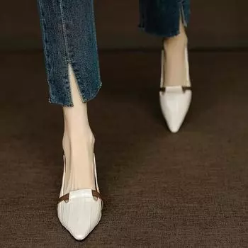 Paris encounter~ temperament pointed head color matching one-pedal single shoes women s light mouth retro cat heel high heels 35 бежевый