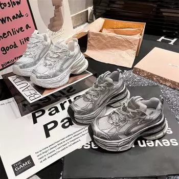 Paris high-end тонкая сетчатая обувь для папы, женская весенне-летняя легкая спортивная обувь на толстой подошве, универсальная серебристая повседневная обувь 35 серебряный
