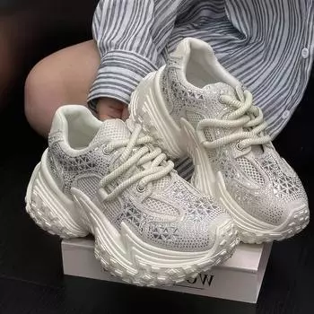 Paris Resin Sole Rhinestone Dad Shoes Женская новая дышащая универсальная утягивающая спортивная повседневная обувь на платформе 35 чёрный