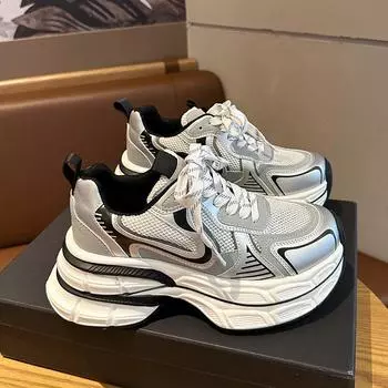 Paris silver dad shoes women s 2024 autumn new small thick-soled heightening breathable versatile casual sports shoes 35 серебряный