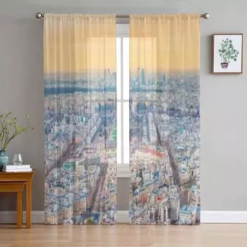 Paris View With The Eiffel Tower France Chiffon Sheer Curtains for Living Room Bedroom Window Curtain Voiles Tulle Cortinas 135W x 114H(cm)