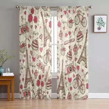 Paris Vintage Eiffel Tower Sheer Curtain For Living Room Bedroom Voile Curtains For Window Organza Curtains Party Tulle Drapes 135W x 114H(cm)