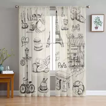 Париж Иллюстрация Тюль Прозрачные оконные шторы для гостиной Спальня Современная шифоновая вуаль из органзы Шторы Декор Портьеры 135W x 114H(cm)