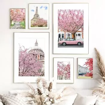 Париж, Эйфелева башня, постеры и принты, весенняя вишня, настенное искусство, скандинавские декоративные картины для стен, эстетический декор комнаты 21X30cm No Frame