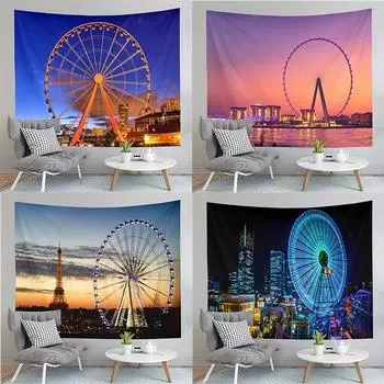 Париж Ночной вид на гобелен Эйфелева башня Колесо обозрения Настенный ковер Спальня Общежитие 100x75cm