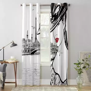 Париж Сена Женщина Эйфелева Башня Красные Губы Париж Окна Шторы Гостиная Спальня Декор для окон Бытовые Кухонные Шторы 135W x 60H(cm) x1