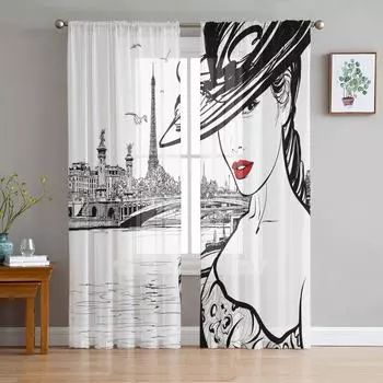 Париж Сена женщина Эйфелева башня красные губы Париж прозрачные шторы для гостиной спальни обработка окон кухня шифоновая занавеска W50H130(CM)x2&Hook