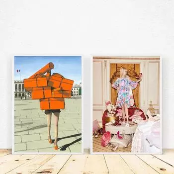Париж, сексуальная девушка, модное платье, настенная живопись на холсте, плакаты на скандинавскую тему и принты, украшение для салона, настенные панно для гостиной 21*30cm