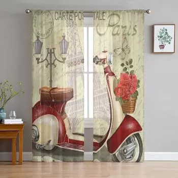 Париж Винтаж Плакат Тюль Прозрачные оконные шторы для гостиной Спальня Современная шифоновая вуаль из органзы Шторы Декор Портьеры 135W x 114H(cm)