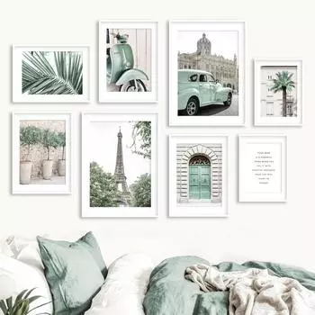 Парижская башня, церковь, автомобиль, пальма, светло-зеленый пейзаж, настенный художественный постер и печать на холсте, настенные панно для декора гостиной 21*30cm