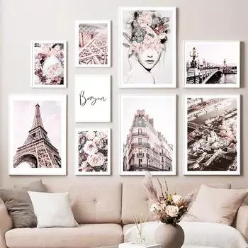 Парижская башня, небо, пион, цветок, женский мост, постеры на скандинавскую тему и принты, настенная живопись, художественные настенные картины на холсте для декора гостиной 21*30cm