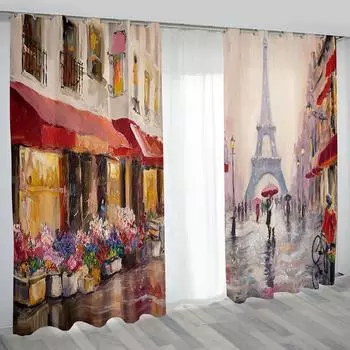 Парижская картина маслом, дизайн, Эйфелева башня на улицах, тонкие оконные шторы для декора гостиной, спальни, распродажа, 2 шт. W50H60(CM)x2PCS&Hook