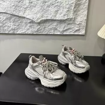 Парижская мода папы обувь женская 2025 новая толстая подошва усиленная дышащая сетка универсальная стопа маленькая повседневная спортивная обувь 35 серебряный