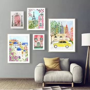 Парижские принты с Эйфелевой башней, греческая акварель, стены для путешествий по городу, украшенные яркими цветами, настенные рисунки для девочек, плакаты с картинами 21x30cm No Framed