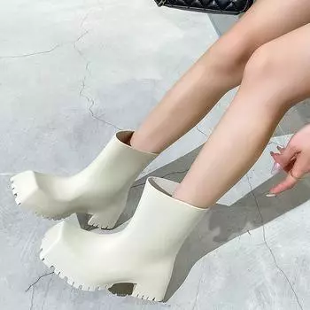 Парижские резиновые сапоги женские интернет знаменитости квадратные высокие сапоги на толстой подошве модные резиновые сапоги водонепроницаемые, нескользящие и износостойкие водные сапоги 35 чёрный