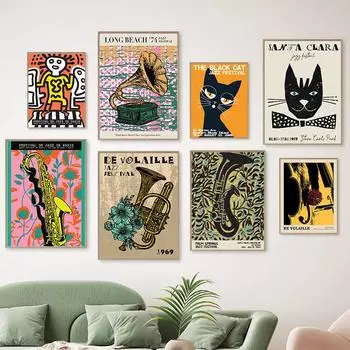 Парижский джазовый фестиваль, выставка, художественный плакат, печать на холсте, винтажная картина с музыкальным инструментом, настенное искусство для гостиной, домашний декор 21x30cm No Frame