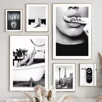 Парижское городское полотенце Love Kiss Girl черно-белое украшение для гостиной, постеры и принты, настенная живопись на холсте, настенные панно A4 21X30cm No Framed
