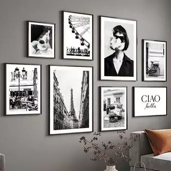 Парижское полотенце колесо обозрения кафе модная девушка настенная живопись холст черно-белая гостиная плакат печать домашний декор настенная картина A4 21X30cm No Framed