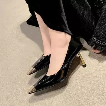 Park Caiying поднялся на те же высокие каблуки женские новые сексуальные лакированные кожаные туфли с металлическим наконечником квадратной формы на тонком каблуке 34