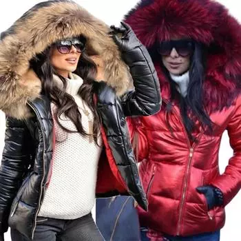 Парка Женская Большие размеры Пальто Зимняя пуховая одежда Искусственный меховой капюшон Карман на молнии Теплые парки Куртки Женская верхняя одежда для отдыха S красный
