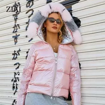 Парка Ziai с коротким меховым воротником и капюшоном, пуховое зимнее женское пальто с пузырьками S вишневый розовый