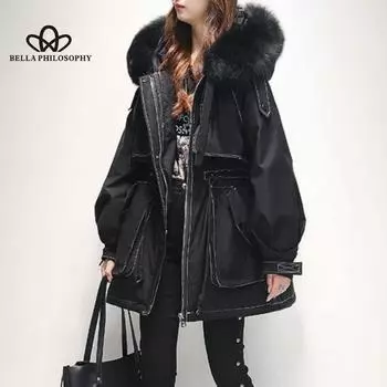 Parker Wear, утепленное женское меховое пальто средней длины, зимнее пальто с большим меховым воротником и талией, зимнее пальто S чёрный