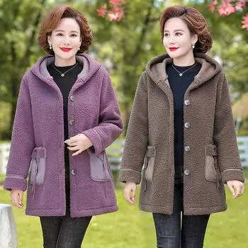 Парки для женщин среднего возраста с капюшоном, зимняя теплая куртка из бархата Тедди, длинное женское пальто, верхняя одежда для мам XXXXXL фиолетовый