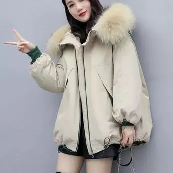 Парки с большим меховым воротником, пальто для женщин, зимнее пальто с карманом на молнии, зимнее женское холодное пальто 2023, утепленная пуховая хлопковая куртка женская M бежевый