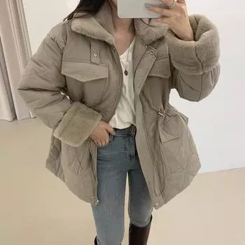 Парки с отложным воротником для женщин, осенне-зимние новые модные пальто с длинными рукавами, повседневные куртки на молнии и шнурке one size абрикосовый