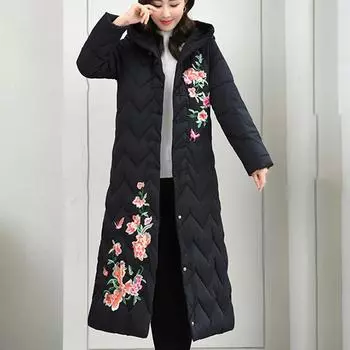 Парки с вышивкой, женские пуховые пальто с хлопковой подкладкой и капюшоном, зимняя женская куртка 2023, длинное зимнее пальто, теплые куртки, ветрозащитное пальто L розы красного