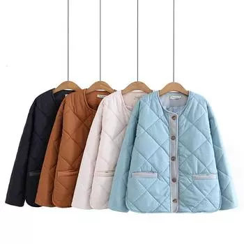 Парки Женская одежда Осеннее стеганое пальто Свободный крой Аргайл Сплайс О-образный вырез Длинный рукав Однобортная теплая куртка XXXXL белый