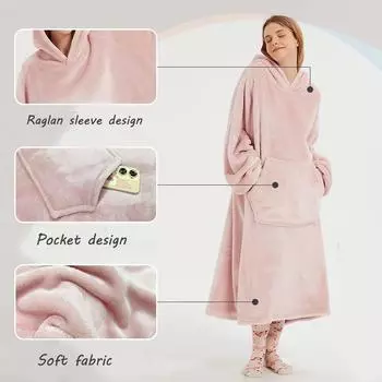 Парная фланелевая длинная пижама с капюшоном Ленивое одеяло для телевизора Осень-зима Мягкая домашняя одежда Пижама однотонная Свободная теплая плотная домашняя одежда с карманами fit 45 100kg розовый