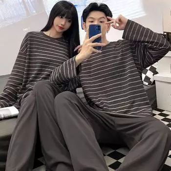 Парная ночная рубашка для мужчин и женщин, хлопковая пижама, комплект большого размера, осенняя ночная рубашка, домашняя одежда, комплект с длинными рукавами, корейская одежда M