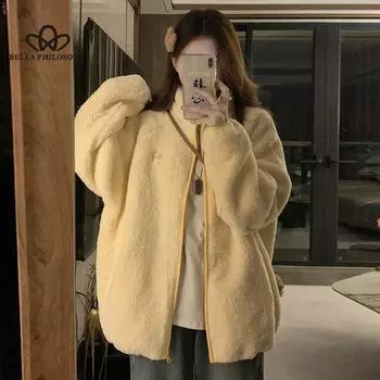 Парная осенняя свободная хлопковая плюшевая куртка контрастного цвета в стиле хип-хоп, женская модная повседневная куртка, зимнее свободное пальто S жёлтый