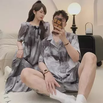 Парная пижама из ледяного шелка в китайском стиле: Модный, роскошный летний комплект с короткими рукавами Female L (suggested 100-120 kg)