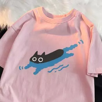 Парная повседневная футболка с принтом черного кота, футболка с круглым вырезом, свободная, летняя L темно-синий