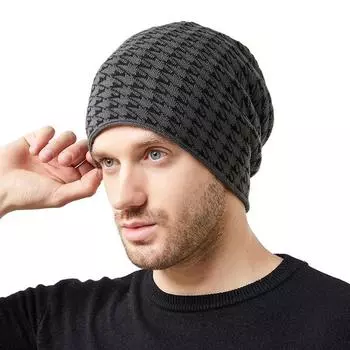 Парная вязаная шапка с узором «гусиная лапка», бархатная толстая защитная шапка для ушей, мужская зимняя теплая шапка с рукавами чёрный