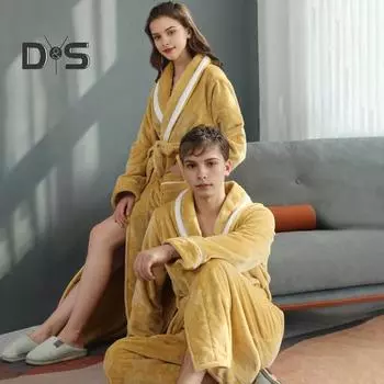 Парная зимняя ночная рубашка из плотной фланели, теплая, регулируемый пояс на шнуровке, однотонная, с витой текстурой, карманы, отличное впитывание воды, женская домашняя одежда для спа-отеля M жёлтый