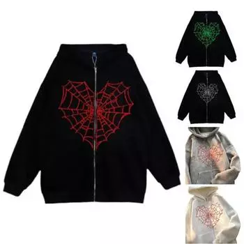 Парное осеннее пальто с капюшоном, шапка с длинными рукавами, контрастные цвета, унисекс, кардиган в стиле хип-хоп с принтом паутины, пальто с капюшоном на Хэллоуин для вечеринки на Хэллоуин 2XL чёрный