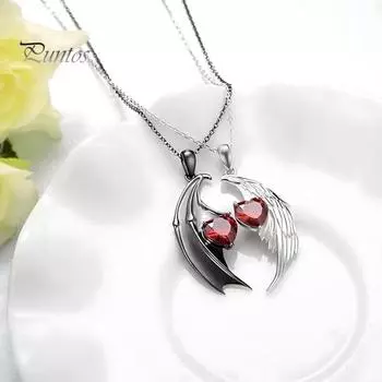 Парное ожерелье с крыльями ангела и дьявола, парное ожерелье с красными перьями и стразами, ювелирные изделия на День святого Валентина, подарки для пар 2pcs