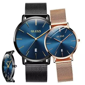 Парные часы Парные часы Классные часы с удобным для чтения циферблатом Стильные популярные подарочные ультратонкие японские кварцевые женские сетчатые часы для девушки Подарок OLEVS - - (Золото и