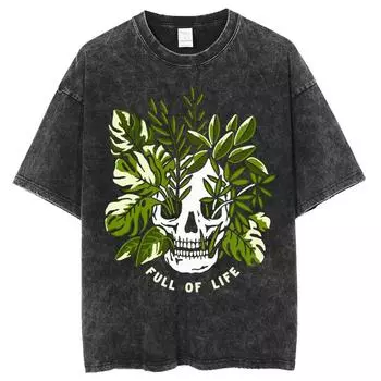 Парные футболки Свободные Оверсайз Футболки из вареного денима Принт с черепом и ботаническим мотивом Повседневный шик Унисекс Футболка с коротким рукавом Винтаж S